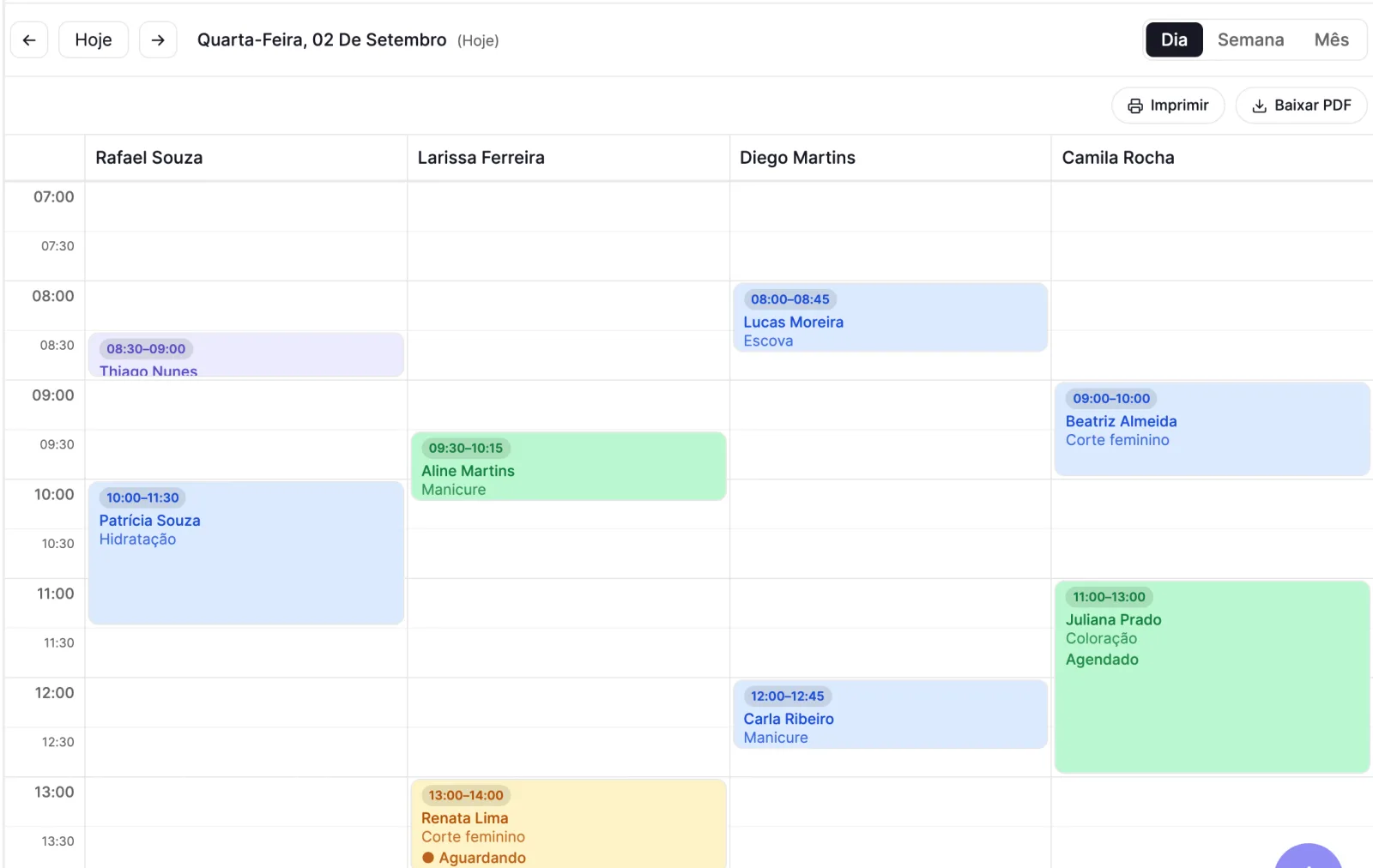 Agenda do dia com quatro profissionais lado a lado